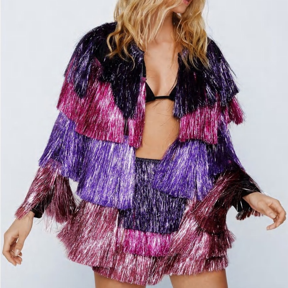 Metallic Tiered Fringe Open Front Jacket
